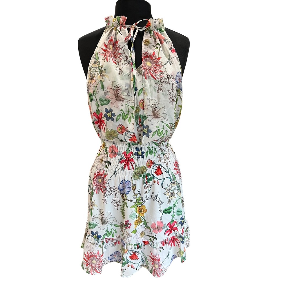 Parker Floral Halter Romper Smocked Waist Ruffle Hem White Multi Size S NWT